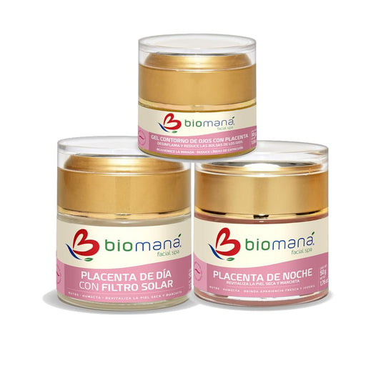 Biomaná Kit Promoción Placenta (Crema de día FPS 50+, Crema de noche y Gel contorno de ojos)