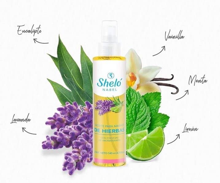 Sheló NABEL Aceite Para Masaje De Hierbas, Aromaterapia, Anti Estrés, con esencias de Vainilla, Limón, Lavanda, Eucalipto y Mentol, 140.0 mililitro, 1 item