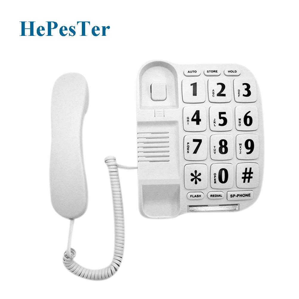 HePesTer P-011 - Teléfono con cable de botón grande para ancianos, teléfono amplificado para personas mayores, teléfono fijo con llaves grandes, teléfono de computadora con altavoz manos libres, funciona en corte de energía para emergencia SOS