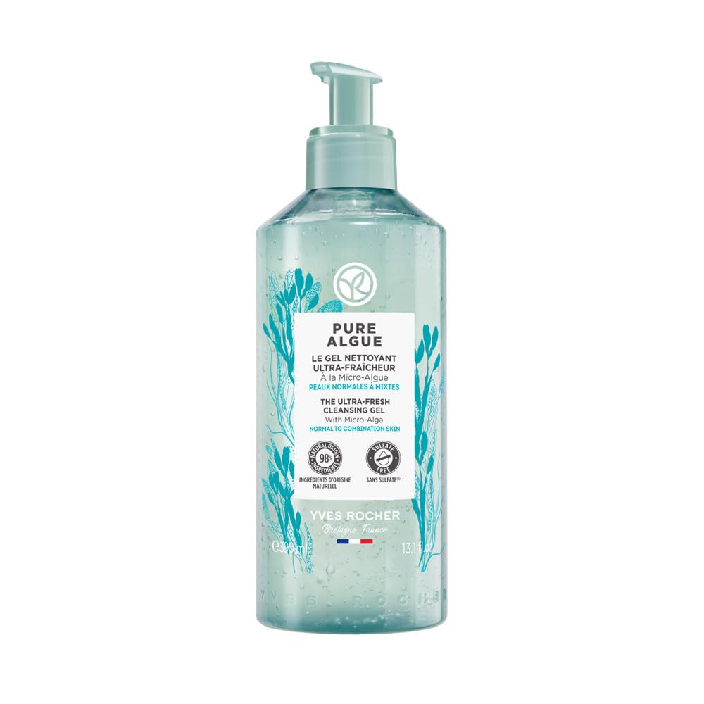 Yves Rocher | Limpiador Facial Pure Algue | Piel Mixta/Equilibrada | Gel Limpiador Ultra-frescor | Micro Algas | Limpia, oxigena y refresca | 390 Ml