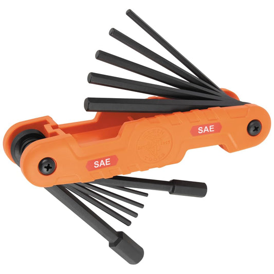 Klein Tools 70550 Juego de llaves hexagonales 11 tamaños SAE, herramienta de llave Allen plegable resistente con llaves hexagonales extralargas