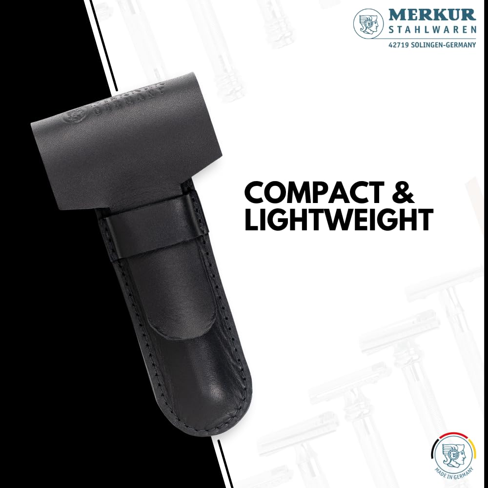 MERKUR Funda de piel negra 5006 | Accesorios de afeitar | Se adapta para maquinilla de afeitar de hasta 110 mm, por ejemplo, 34C, 38C, 500C, Futur 700 | Piel de vacuno | Fabricado en Alemania