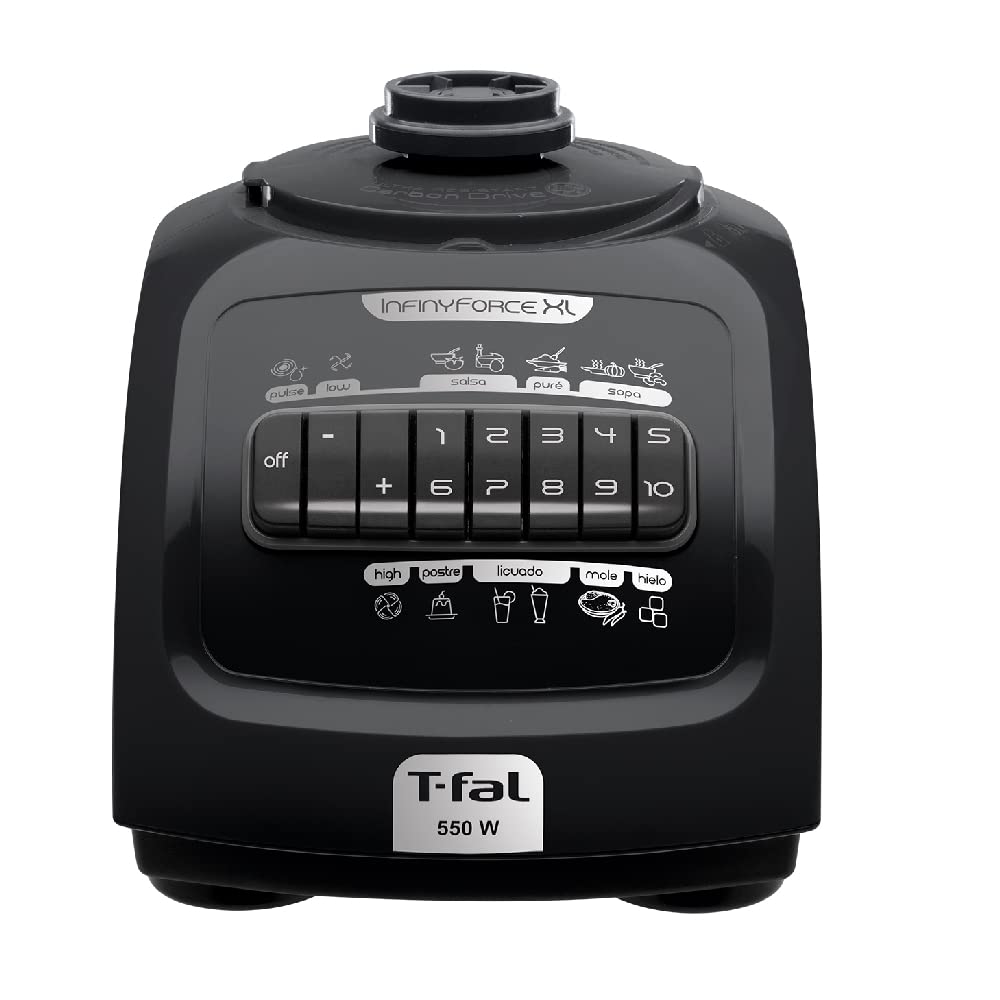 T-fal Licuadora Infinyforce XL 10 velocidades con vaso de vidrio de 2.2 litros, 550 W, con tecnología powelix y acople Carbon Drive, incluye 10 funciones, Negra, LN8208MX