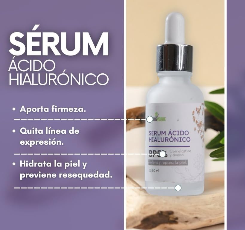 STATUS VERDE, Serum facial Antienvejecimiento. de ACIDO HIALURONICO con Elastina y Avena, Aclara, ilumina y estira la piel, para uso diario, 30ml