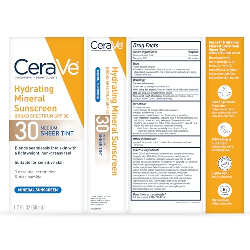 CeraVe Tinted Sunscreen with SPF 30 | Hydrating Mineral Sunscreen With Zinc Oxide & Titanium Dioxide | Sheer Tint for Healthy Glow | 1.7 Fluid Ounce