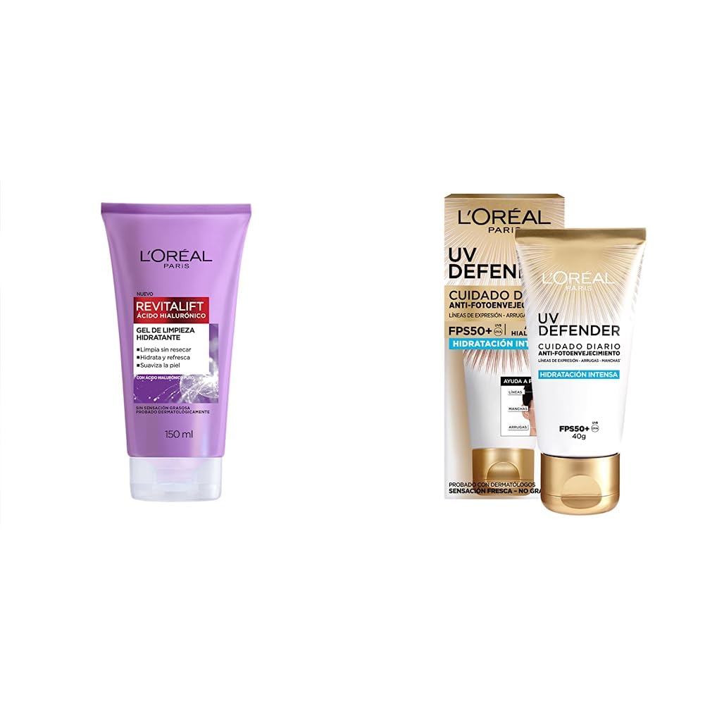 L'Oréal Paris Gel Limpiador Facial Revitalift Ácido Hialurónico, 150 ml + L'Oréal Paris Protector Solar Diario Hidratación Intensa FPS50+ UV Defender, 40ml