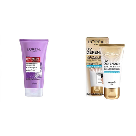 L'Oréal Paris Gel Limpiador Facial Revitalift Ácido Hialurónico, 150 ml + L'Oréal Paris Protector Solar Diario Hidratación Intensa FPS50+ UV Defender, 40ml