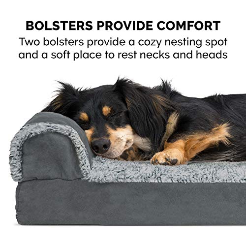 Furhaven - Cama Para Perros De Espuma Viscoelástica Xl, Diván Bicolor De Piel Sintética Y Gamuza En Forma De L Con Funda Extraíble Y Lavable, Gris Piedra, Gigante