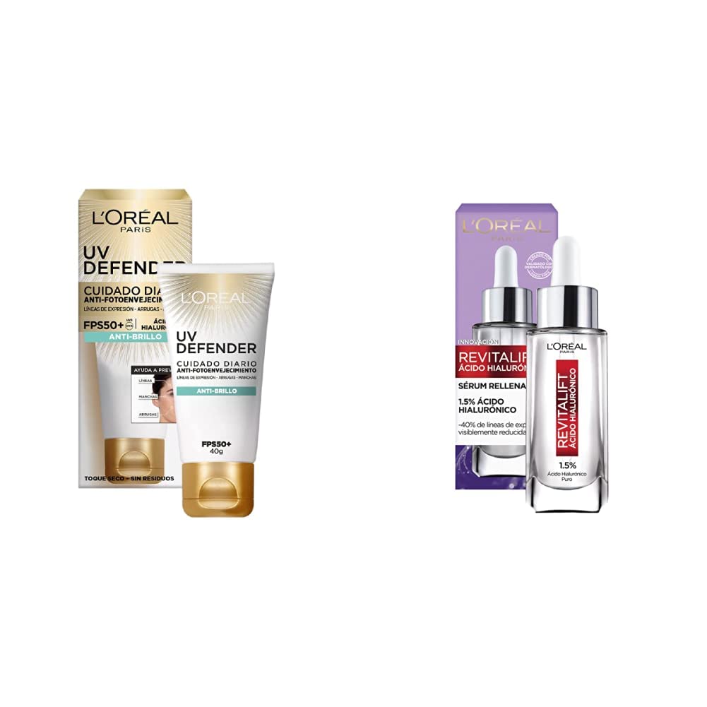 L'Oréal Paris Protector Solar Diario Anti-Brillo FPS50+ UV Defender, 40ml + Serum Facial Anti Arrugas Acido Hialuronico Revitalift