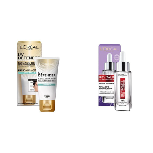 L'Oréal Paris Protector Solar Diario Anti-Brillo FPS50+ UV Defender, 40ml + Serum Facial Anti Arrugas Acido Hialuronico Revitalift