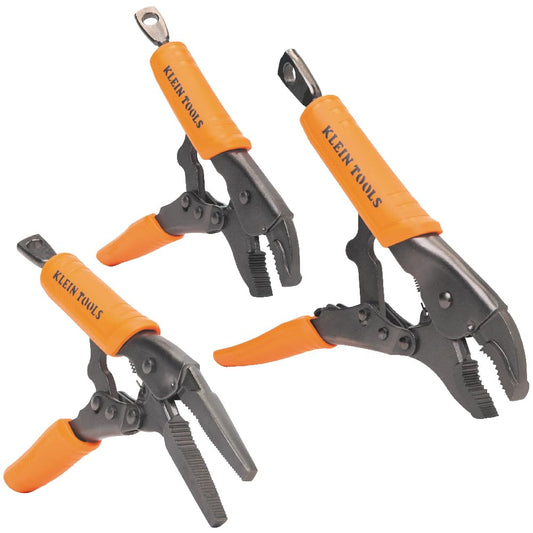 Klein Tools 38665 - Juego de alicates de bloqueo, punta larga de 6 pulgadas, mandíbula curvada de 7 y 10 pulgadas, par alto, puños de topo para sujetar y agarrar 3 piezas