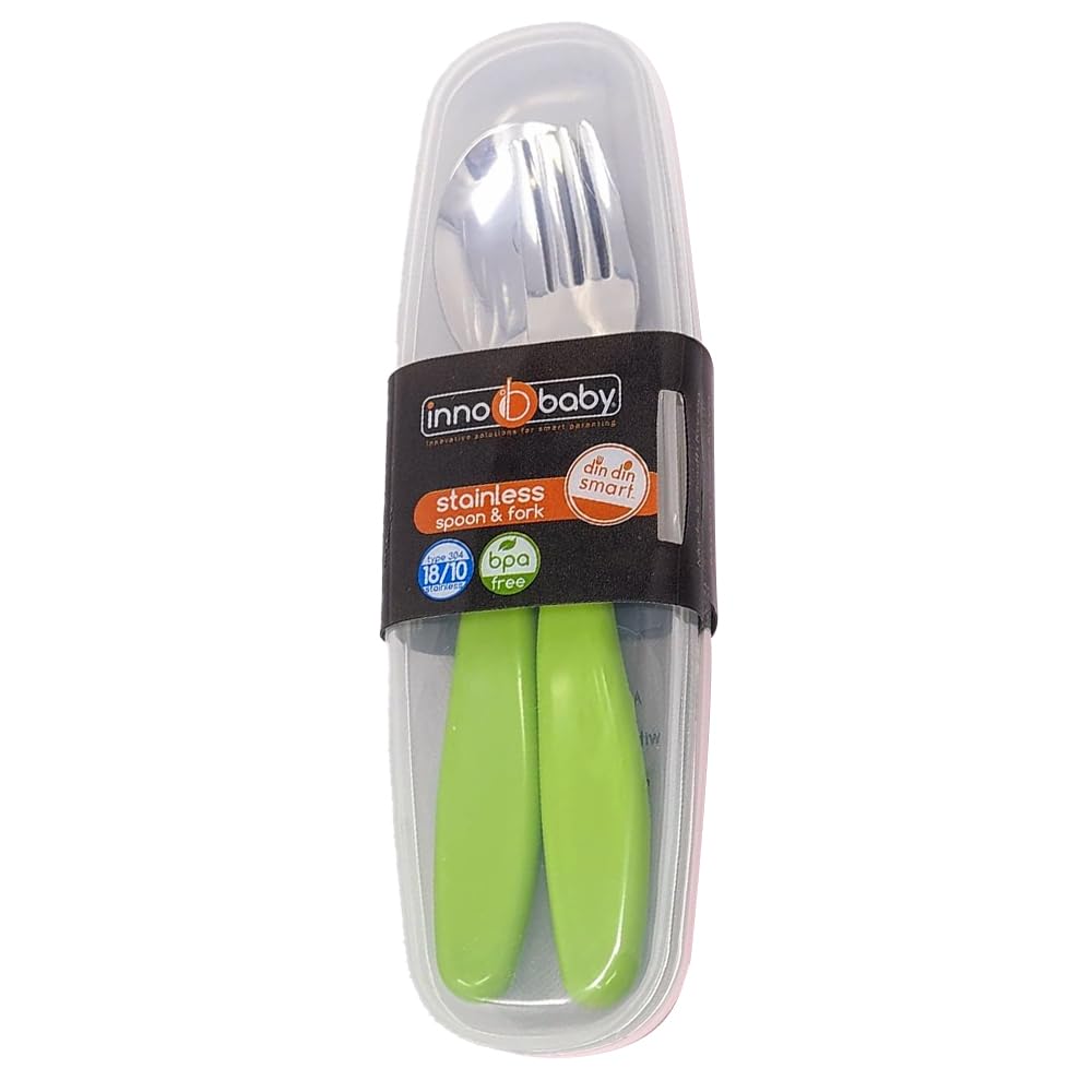 Innobaby Din Din Smart EZ Grip Cuchara y tenedor con estuche de transporte, juego de utensilios para niños y niños, sin BPA (verde)