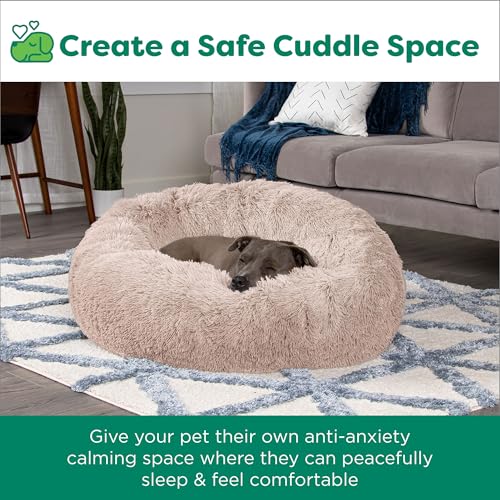 Furhaven 30" Round Medium Donut Dog Bed Plush Long Faux Fur Calming Cuddler w/Removable Washable Cover - Taupe, Medium