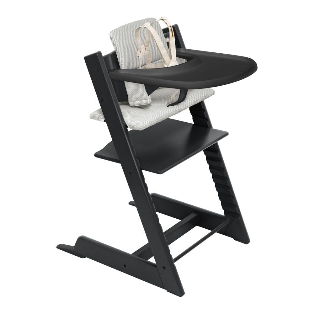 Stokke - Silla alta Tripp Trapp Cojín + Bandeja Stokke (Blanco) - Incluye Silla + Set de Bebé con Arnés Extraíble para Niños de 6 a 36 Meses (Black)