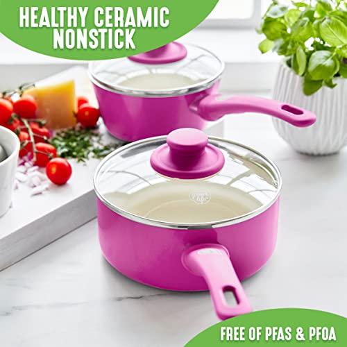 GreenLife - Juego de cacerolas antiadherentes de cerámica Soft Grip Healthy con tapas, 1 y 2 cuartos de galón, rosa brillante