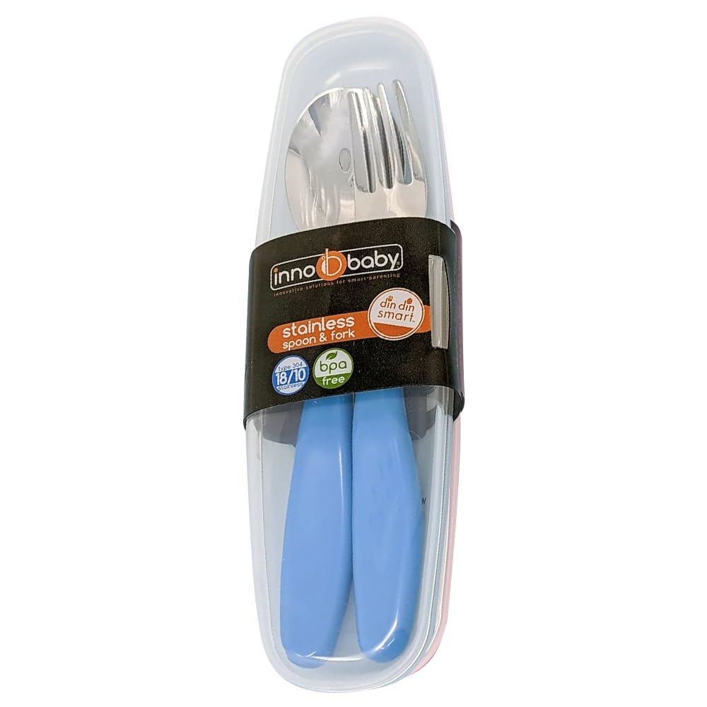 Innobaby Din Din Smart EZ Grip Cuchara y tenedor con funda de transporte, juego de utensilios para niños y niños, sin BPA (azul)