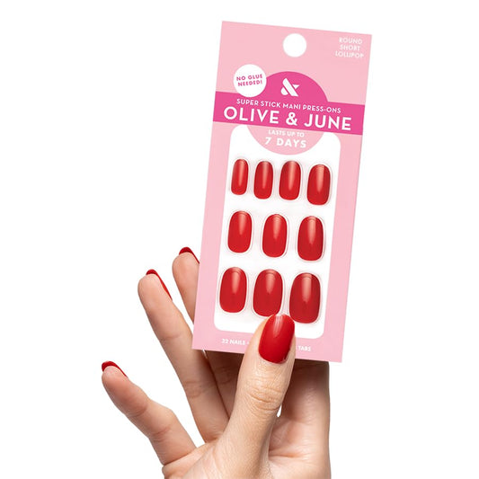 Olive & June Uñas postizas Classic Super Stick Mani | No se necesita pegamento | 32 pestañas, 16 tamaños | Pestañas no tóxicas, fáciles de poner y quitar, aspecto realista que no daña las uñas | Durac