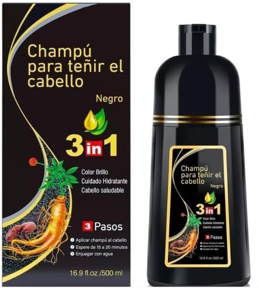 Shampoo Tinte Instantáneo Genérico Para Cabello Cubre Canas Natural Jengibre 500Ml - Champú Instantáneo Coloración Al Instante Con Hierbas Unisex, Sin Amoníaco, Para Hombre y Mujer (NEGRO, 500ML)