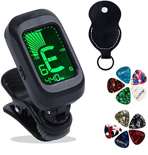 Afinador de Guitarra, Sintonizador Eléctrico, Afinador Digital con Clip para Guitarra Acústica, Apto para bajo, violín, ukelele, guitarra, más 10 púas de guitarra(batería incluida)