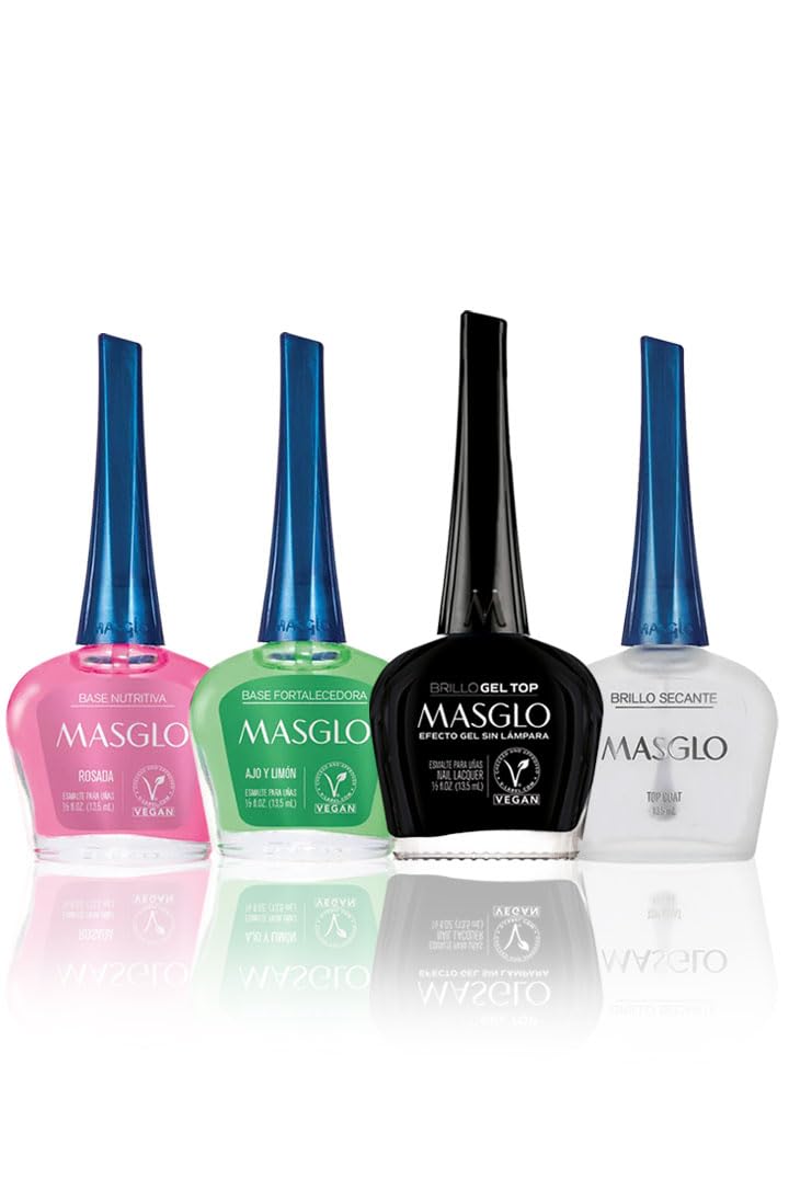 Masglo Juego de 4 esmaltes de uñas de protección y brillo (2 capas base – 2 capas superiores) – Kit 2 bases y 2 brillos 0.5 onzas líquidas.