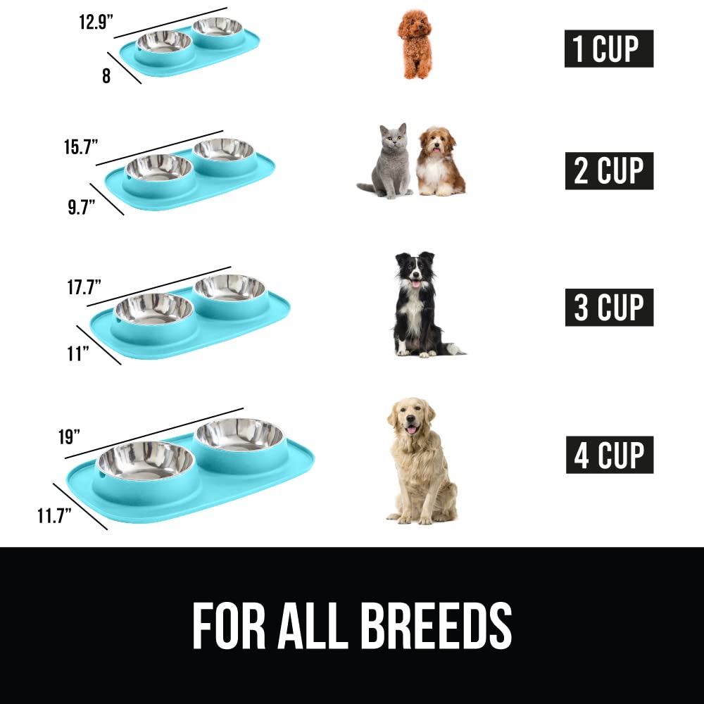 Gorilla Grip Juego de cuencos antideslizantes para mascotas y alfombrilla de alimentación de silicona, atrapa el agua y los alimentos, bordes elevados para evitar derrames, cuenco de acero inoxidable para gatos y perros, diseño pendiente de patente, 1 taz