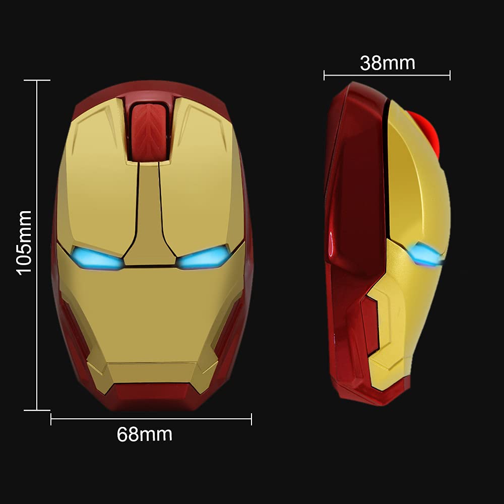 Iron Man Mouse inalámbrico para gamers,Mouse óptico inalámbrico y súper silencioso de 2.4 Ghz con luz LED ideal para agarre ergonómico,con Receptor USB y 3(600/1200/1600)Ajustable DPI Ratón,(dorado)