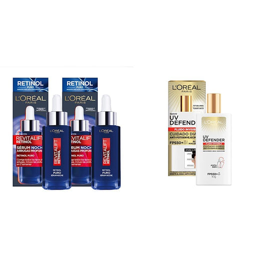 L'OREAL PARIS Kit 2 pack sérum Revitalift Retinol puro anti-arrugas 30ml,Blanco + L'Oréal Paris Protector Solar Diario Fluid FPS50+ UV Defender, 40ml