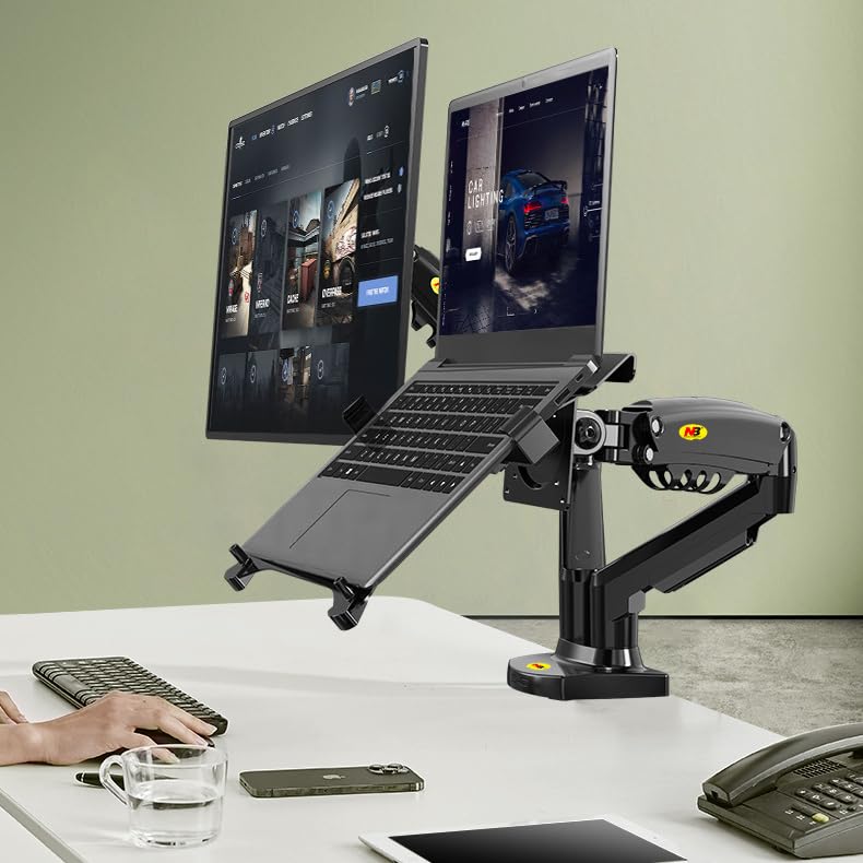 Soporte para Monitor y Laptop MORNWELL Negro con Brazos Hidráulicos para Pantallas de 17 a 27 Pulgadas y Bandeja Ajustable para Portátil de 10 a 17 Pulgadas