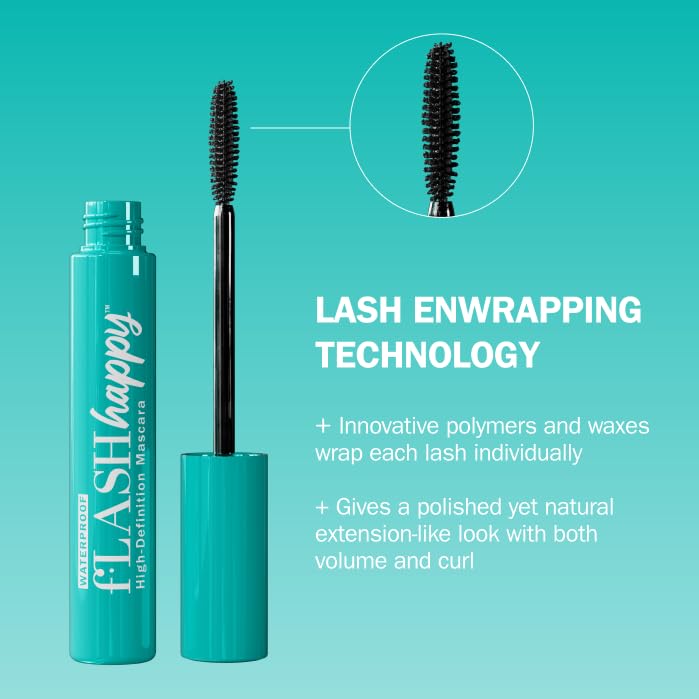 fLASH Happy High-Definition Mascara con cepillo de fibra ultrafino para alargamiento, volumen y rizo - Duración todo el día, fórmula vegana limpia, sin parabenos (True Black)