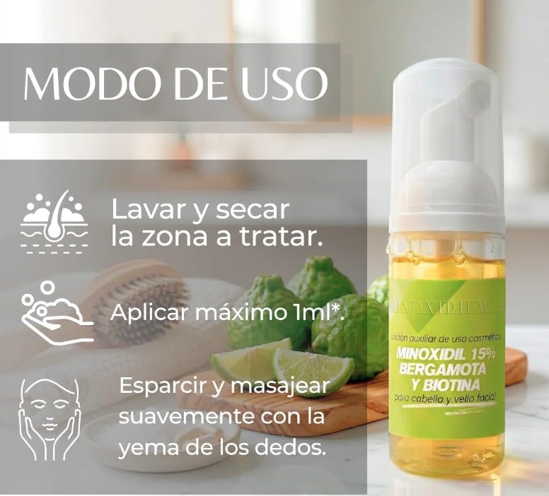 Tratamiento Cosmético en Espuma Minoxidilmax Bergamota con Minoxidil 15% y Biotina para el Crecimiento de Cabello y Barba