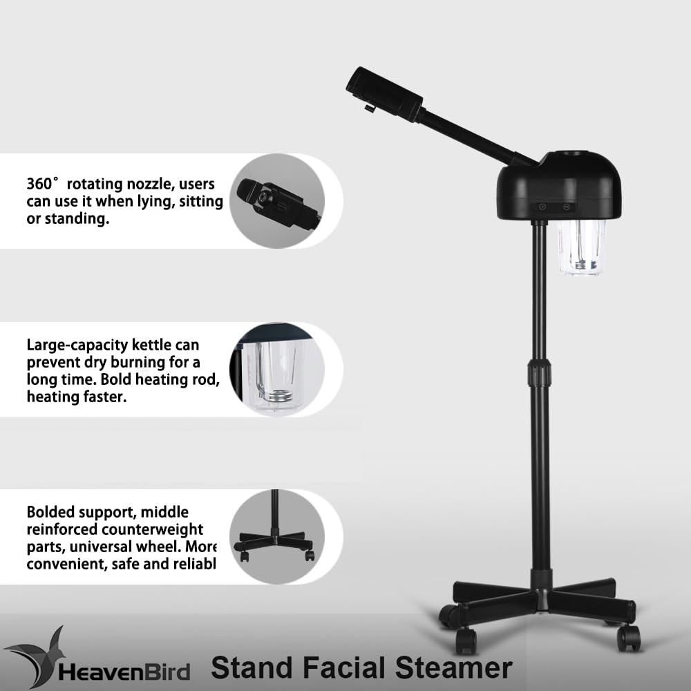 Vaporizador facial de ozono profesional con soporte, control táctil, función de niebla caliente, altura ajustable y base rodante, boquilla giratoria de 360°, uso para el hogar, salón de spa (negro)