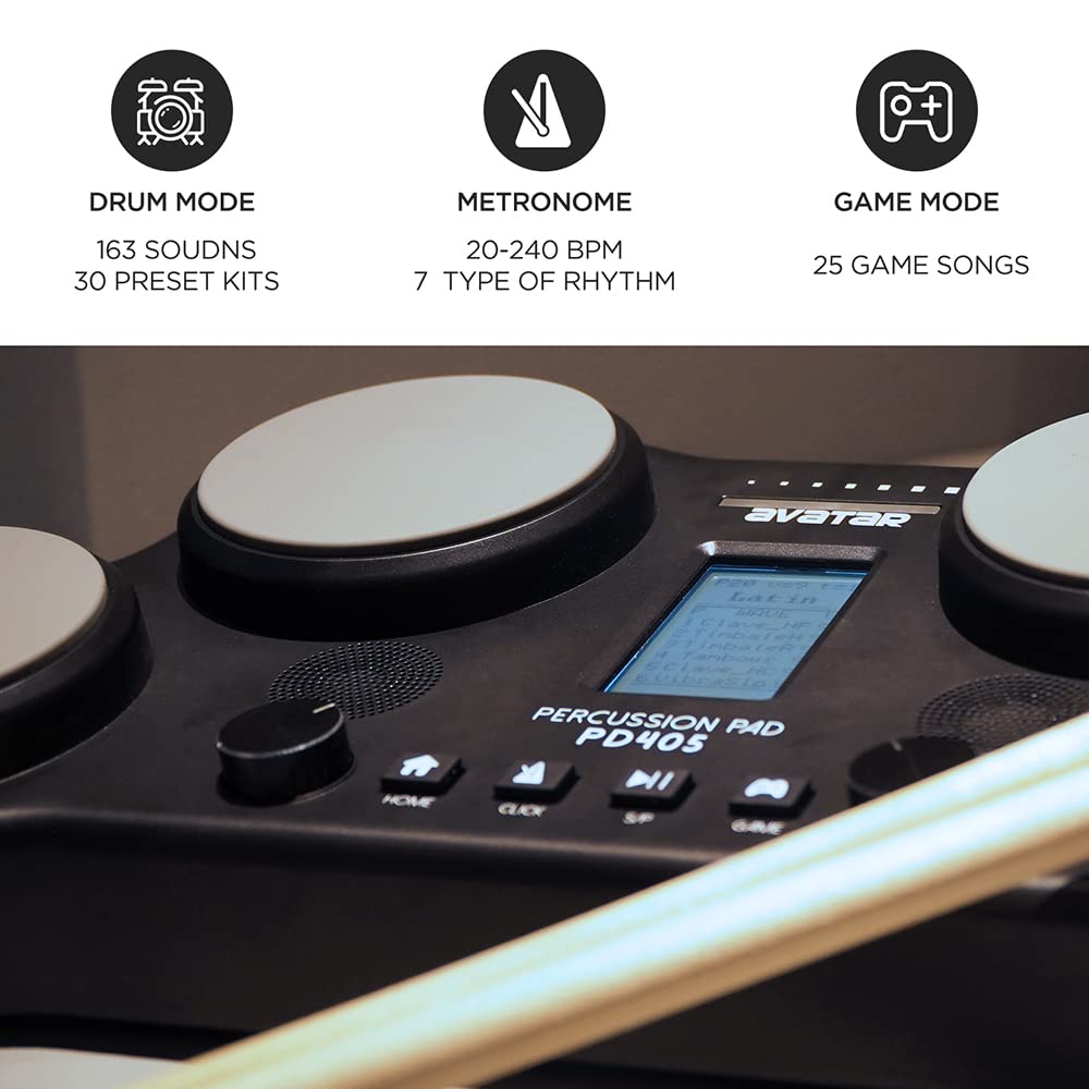 HXW PD405 - Juego de batería eléctrica de mesa, con 163 sonidos de percusión, 4 almohadillas para orejas de batería sensibles a la velocidad, 2 pedales y bastones de batería, regalo de cumpleaños