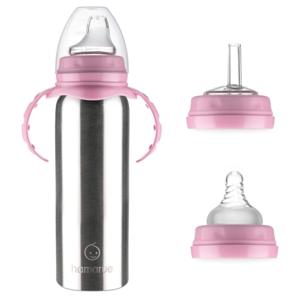 Hamarue vasos de acero inoxidable para bebés | no tóxico 3 en 1 botella de transición con asas | Botella de agua para bebé | Vasos para bebé | Botella de agua de acero inoxidable, Rosado