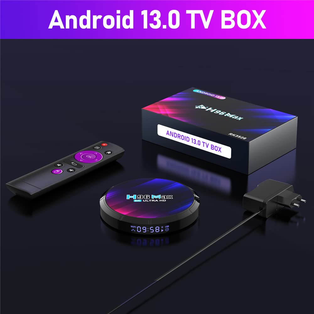 Android 13.0 TV Box,H96 MAX DDR4 4GB RAM 32GB ROM RK3528 Quad-Core 64bit WiFi6 Dual 2.4G/5.8G WiFi BT5.0 8K HDR10+ Ultra HD USB3.0 Smart Home Player