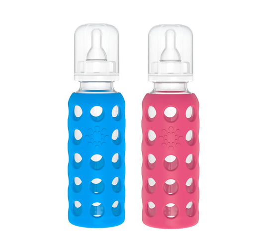 Lifefactory Glass Baby Bottle with Silicone Sleeve 9 Ounce, Set of 2 - Blue/Raspberry by Lifefactory