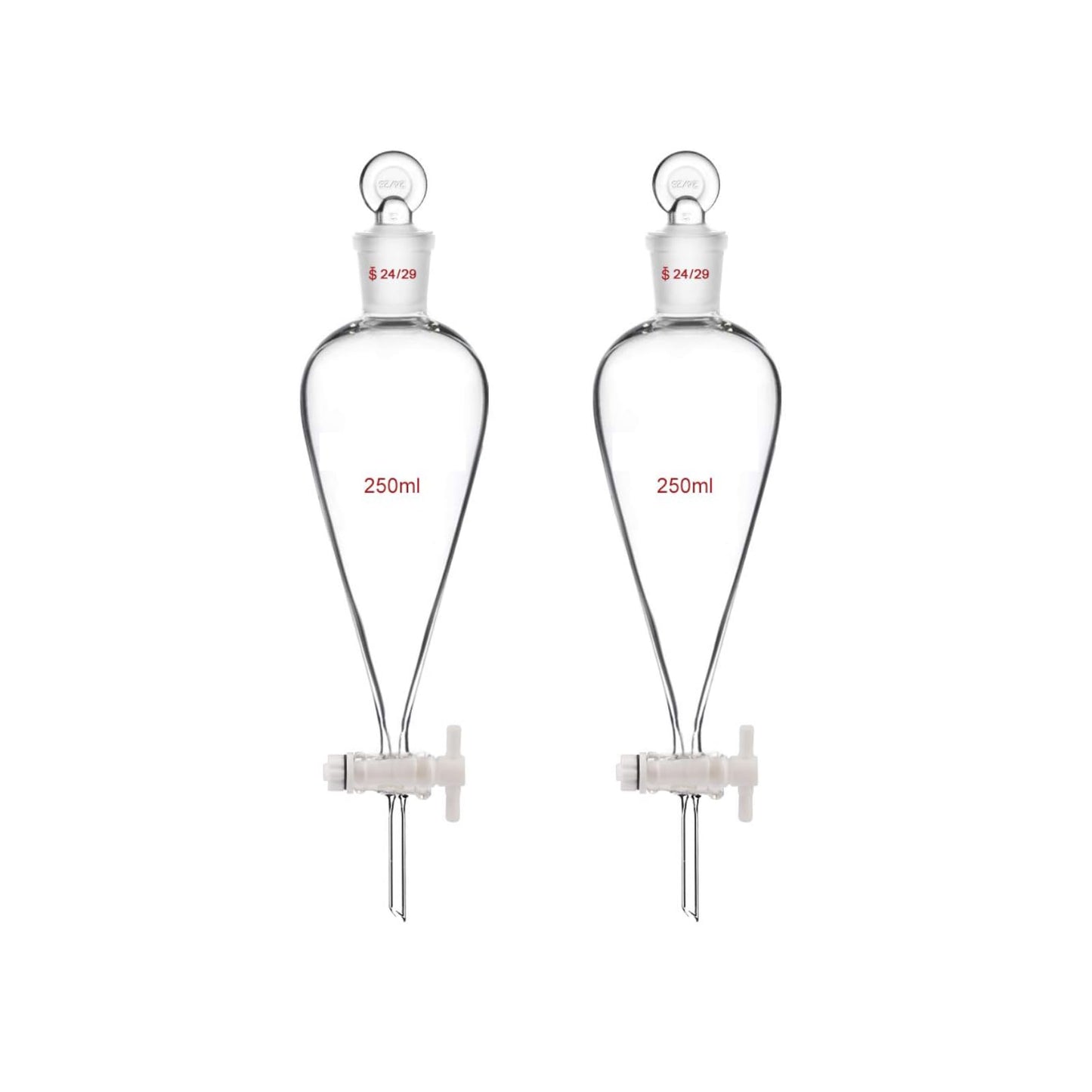 Embudo Separador de Vidrio de Borosilicato Cónico Transparente con Juntas 24/40 y Llave de Paso PTFE, 250 ml