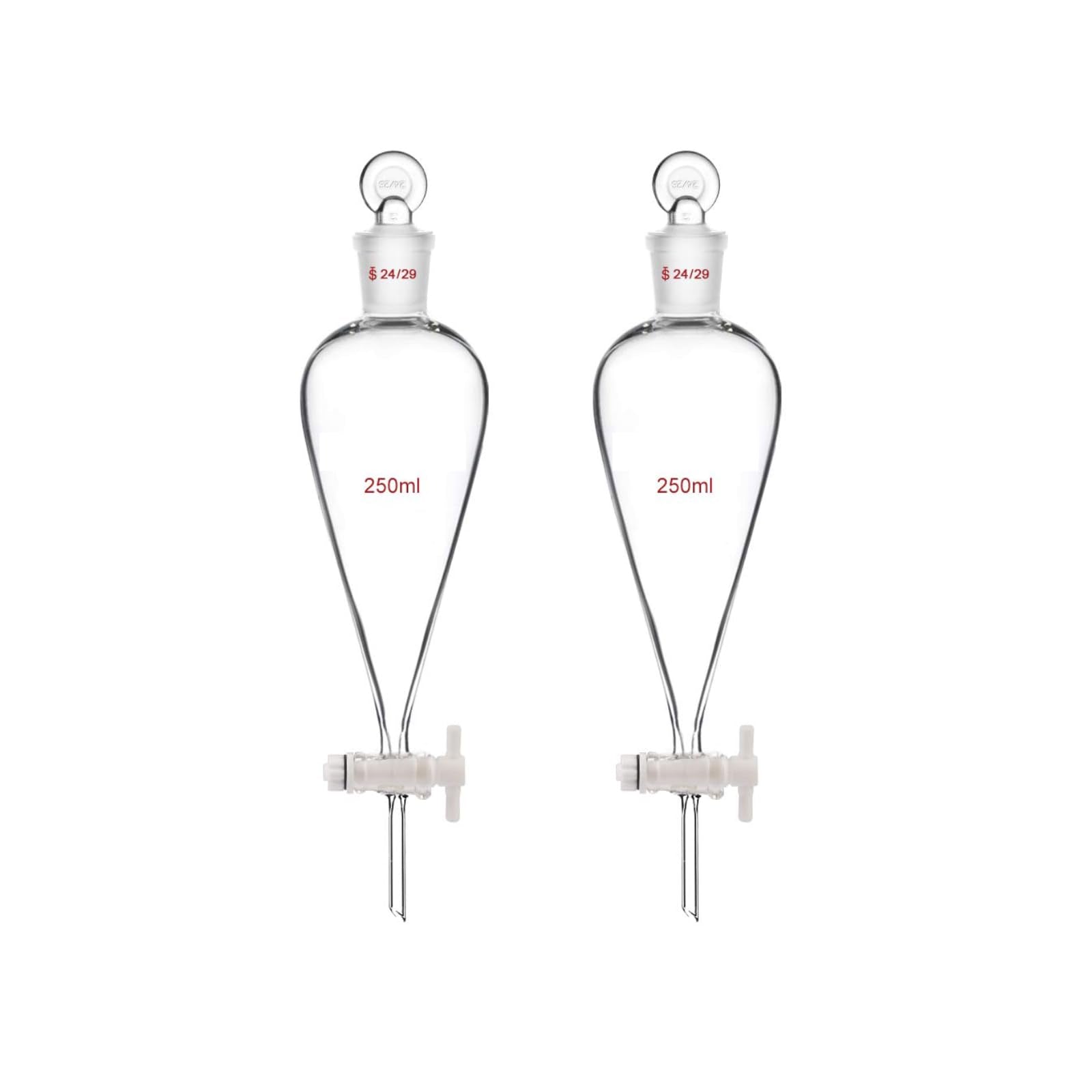 Embudo Separador de Vidrio de Borosilicato Cónico Transparente con Juntas 24/40 y Llave de Paso PTFE, 250 ml