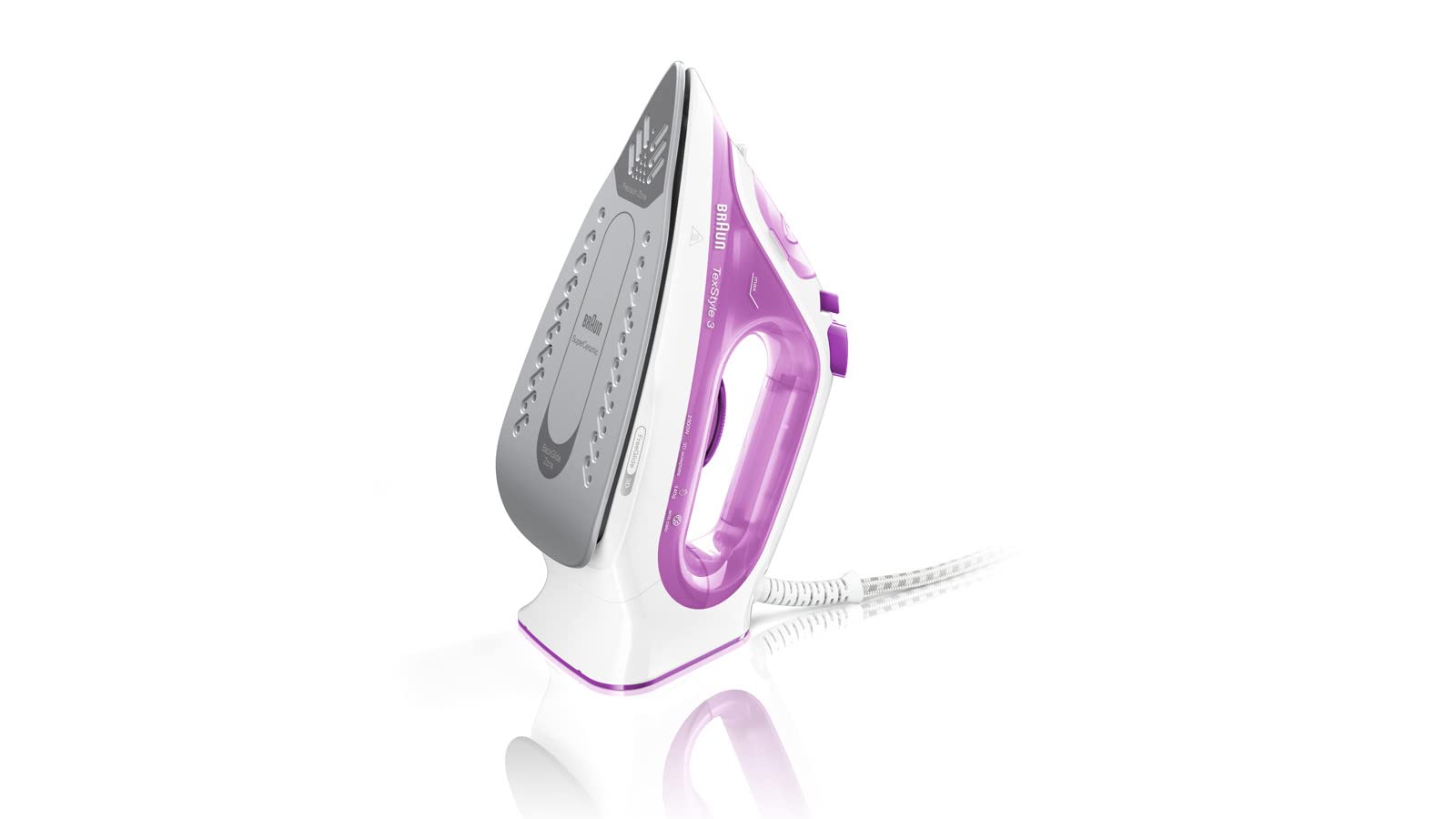Braun TexStyle 3 SI 3030 PU - Plancha de vapor con suela FreeGlide 3D, función de autolimpieza, 2300 W, golpe de vapor 140 g/min, depósito de agua de 270 ml, color morado