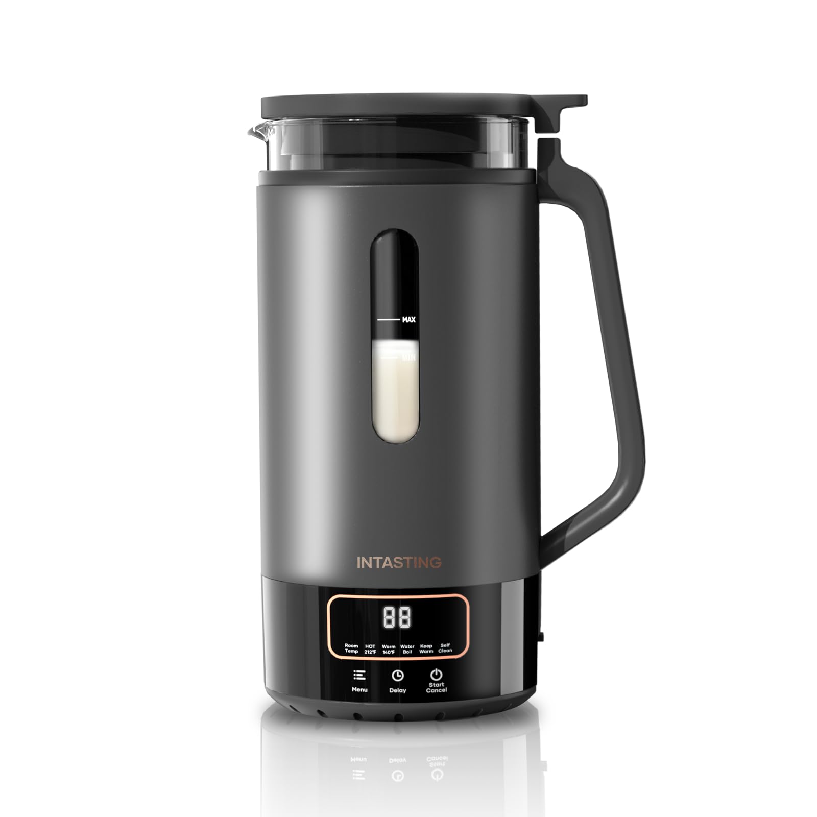 INTASTING - Máquina automática de leche de nueces, interior de vidrio, almendras caseras, avena, etc., máquina de leche de soja con 6 preestablecidos, mantiene caliente, retrasa, hervir agua, mezcla, autolimpiable, protección contra ebullición y seco, fác