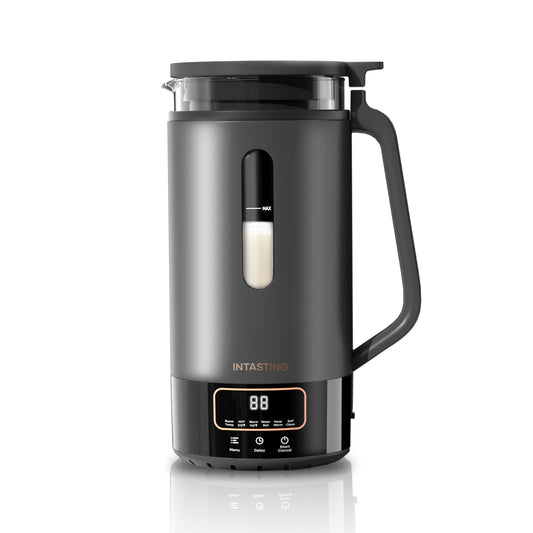 INTASTING - Máquina automática de leche de nueces, interior de vidrio, almendras caseras, avena, etc., máquina de leche de soja con 6 preestablecidos, mantiene caliente, retrasa, hervir agua, mezcla, autolimpiable, protección contra ebullición y seco, fác