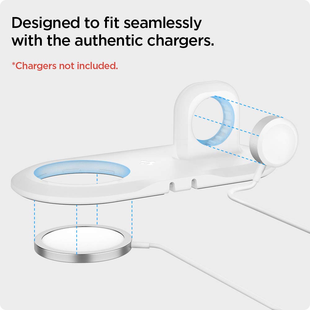 Spigen mag Fit Duo diseñado para Soporte de Cargador MagSafe para Modelos iPhone 16, iPhone 15, iPhone 14, iPhone 13, iPhone 12/Soporte Apple Watch para Todas Las Series/Airpods - Blanco