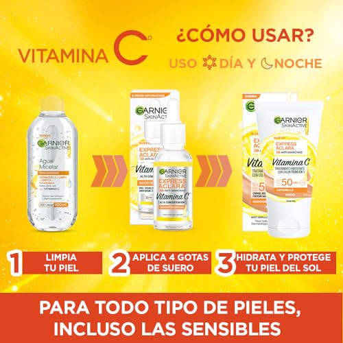 Kit Garnier Express Aclara Rutina anti manchas con Vitamina C: Sérum facial, agua micelar y todo-en-1 tono medio con FPS, 3 piezas. Hidrata, ilumina y unifica el tono de la piel