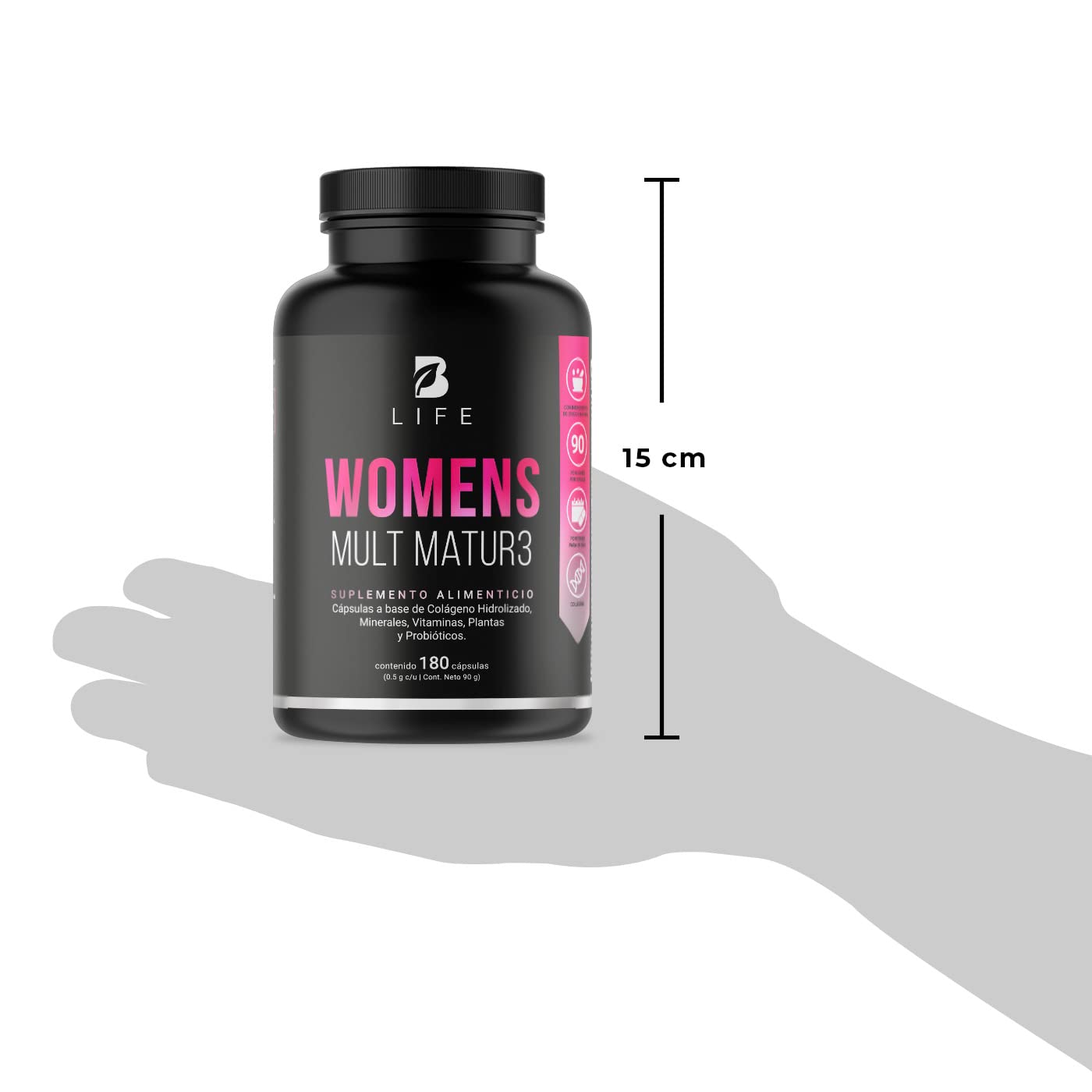 B Life Company Multivitamínico para Mujer Mayor de 40 años con 180 Cápsulas. Ingredientes naturales: Colágeno, Inositol, Maca, Probioticos. Womens Mult Matur3