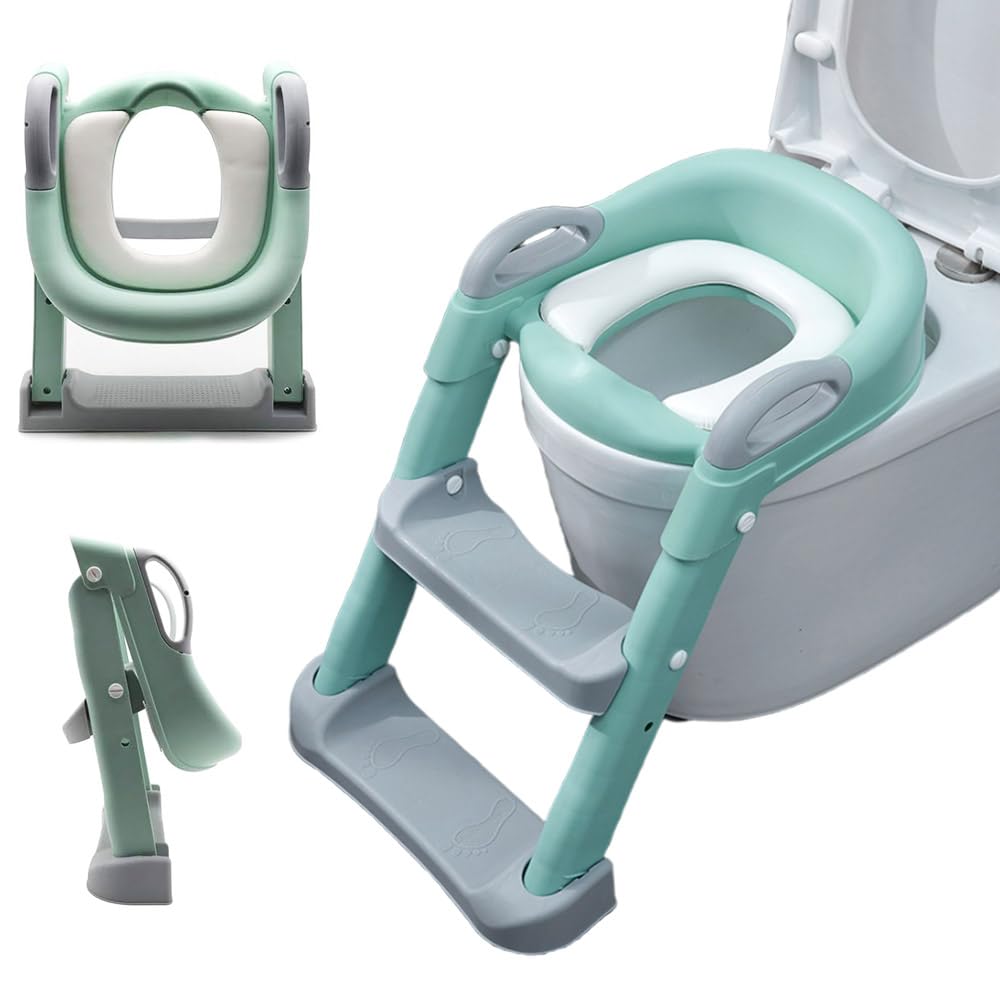 Asiento Entrenador para Baño Infantil Tapizado con Escalera Antideslizante Verde