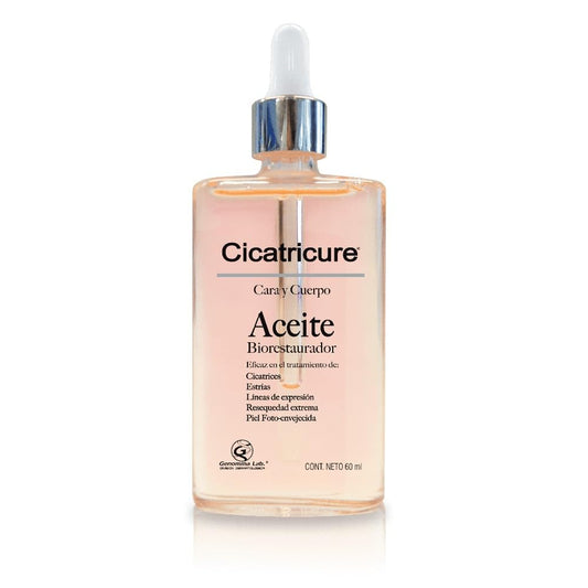 CICATRICURE - Aceite Biorestaurador. Restaura la elasticidad y humectación natural de la piel con Vitamina E, piel más suave y lisa. Para uso para cara y cuerpo, dosificador con 60ml