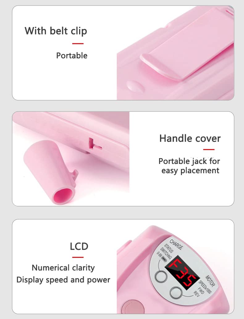 Máquina Taladro de Uñas Recargable Profesional Rosa 35000 RPM con Herramientas de Pulido para Manicura y Pedicura