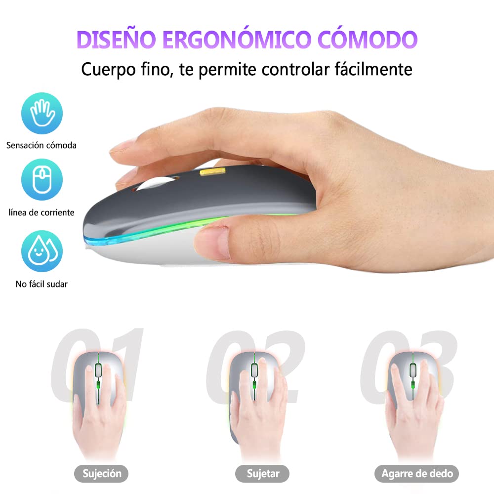 Free wolf X15 Mouse Inalámbrico, Wireless óptico Recargable 2.4 G Ergonómico Silencioso Click con Receptor USB 3(800/1200/1600) Ajustable dpi Ratón para Computadora,Portátil,PC,Mac (Gris)