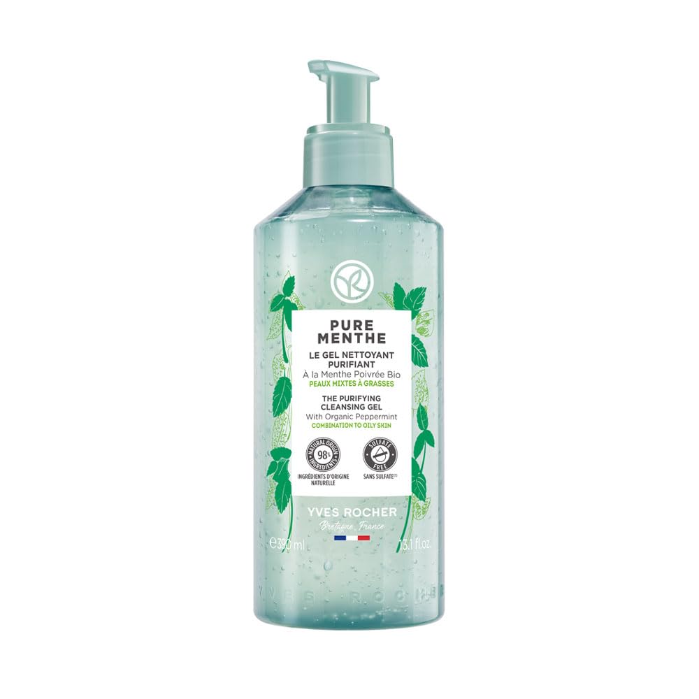 Yves Rocher Limpiador Facial Purificante Pure Menthe - Gel Limpiador - Para Pieles Mixtas a Grasas - Elimina las impurezas, el maquillaje y el exceso de grasa - 390 ml
