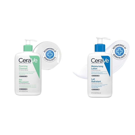 CeraVe Gel Limpiador Espumoso |473ml| Limpiador diario para piel mixta, grasa o con acné | Libre de fragancia + Loción Hidratante Corporal -1 x 236 ml + Crema Reparadora para el Contorno de Ojos |14gr