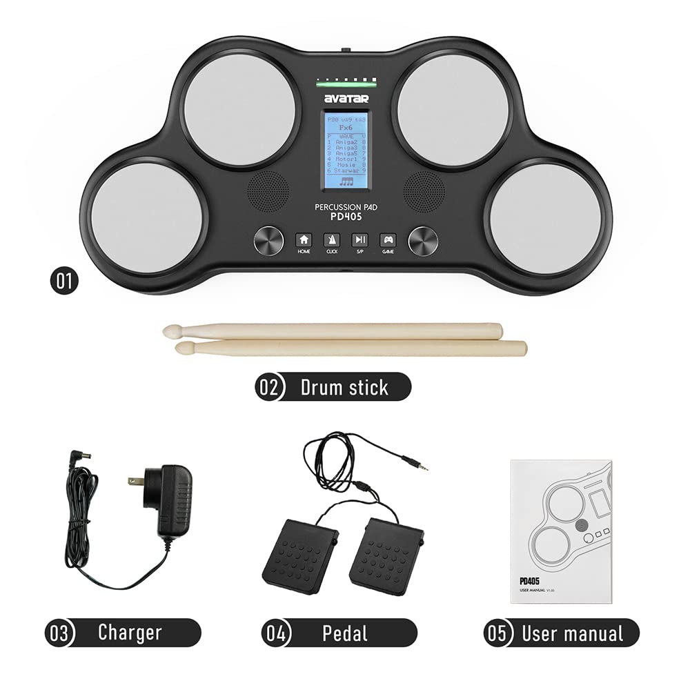 HXW PD405 - Juego de batería eléctrica de mesa, con 163 sonidos de percusión, 4 almohadillas para orejas de batería sensibles a la velocidad, 2 pedales y bastones de batería, regalo de cumpleaños